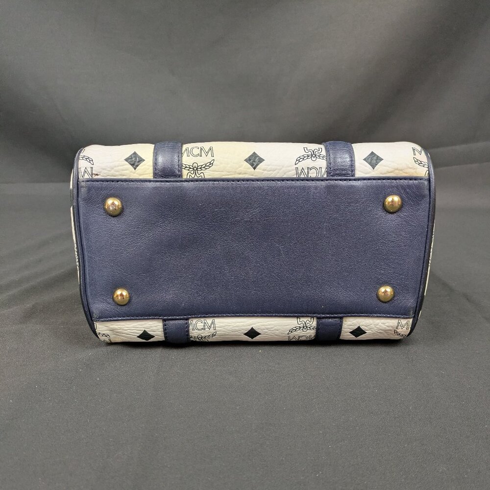 MCM Navy Blue and White Monogram Rare Boston Mini Top Handle Bag - Picture 13 of 14